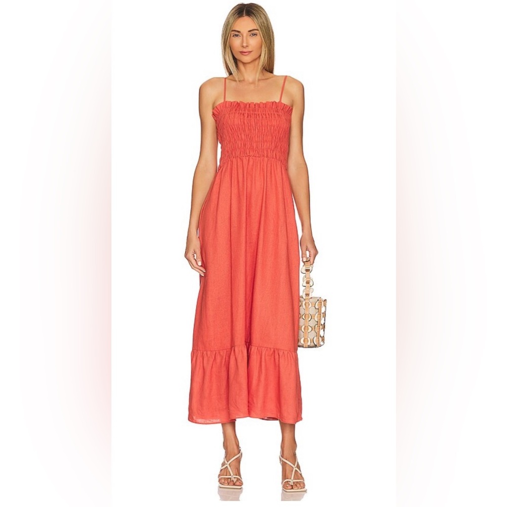 Revolve Krisa Marseille Smocked Top Midi Dress Rust Linen